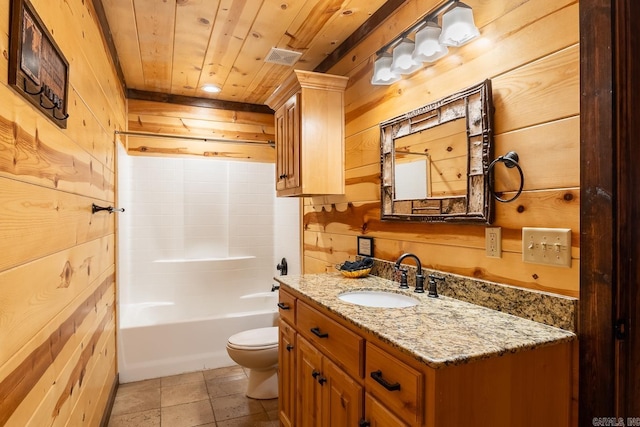 full bathroom with tile patterned floors, wood walls, toilet, vanity, and wood ceiling