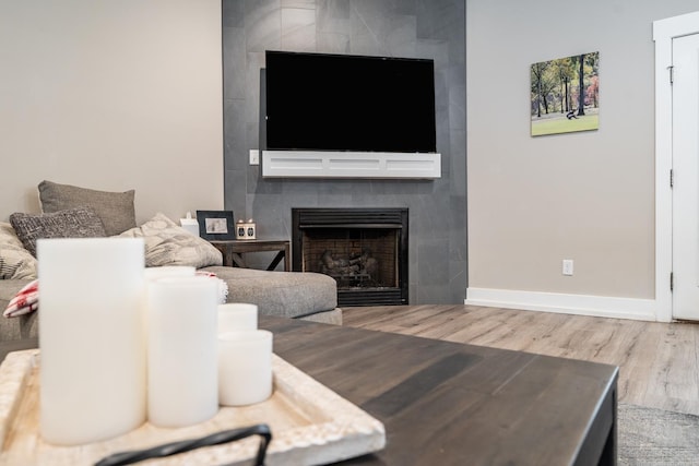 living room featuring a tile fireplace and hardwood / wood-style flooring