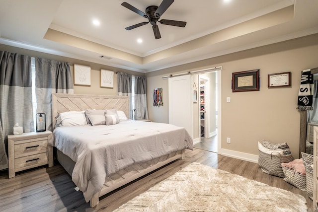 bedroom with a raised ceiling, a barn door, a spacious closet, and ceiling fan