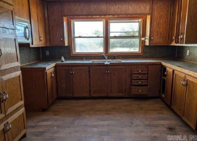 kitchen with backsplash, dark wood-type flooring, and sink