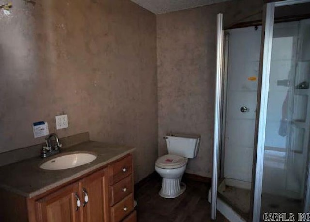 bathroom featuring vanity, an enclosed shower, and toilet