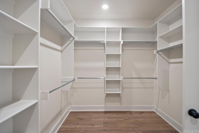 walk in closet with hardwood / wood-style floors