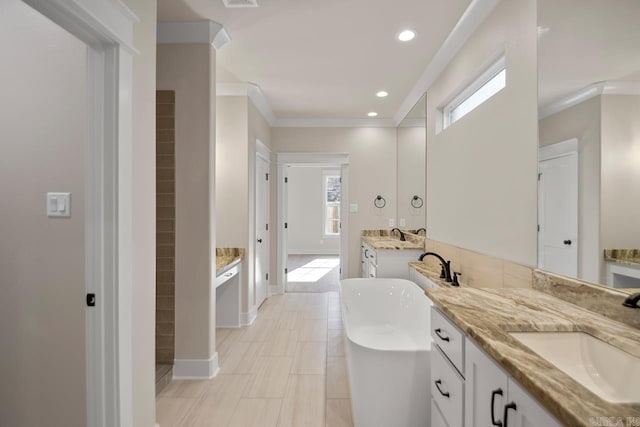 bathroom with plenty of natural light, crown molding, and vanity