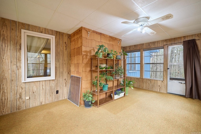 interior space with carpet flooring, ceiling fan, and wooden walls