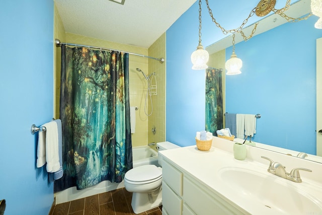 full bathroom featuring a textured ceiling, toilet, shower / bath combo with shower curtain, vanity, and hardwood / wood-style flooring