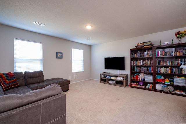 carpeted living room with a textured ceiling