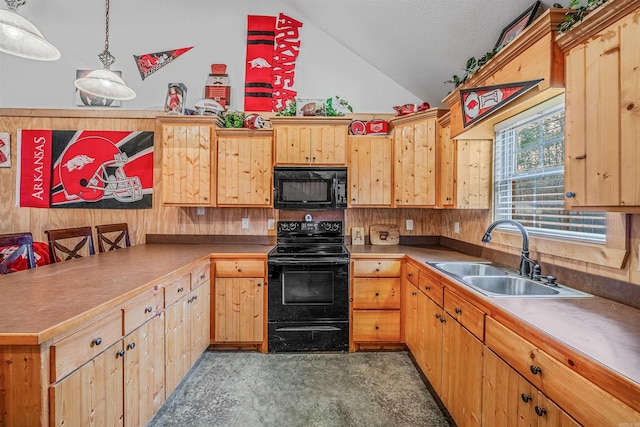 kitchen with sink, vaulted ceiling, a textured ceiling, decorative light fixtures, and black appliances