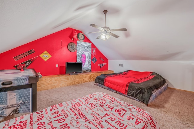 carpeted bedroom featuring vaulted ceiling and ceiling fan