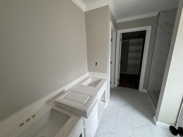 bathroom featuring a shower, vanity, and ornamental molding