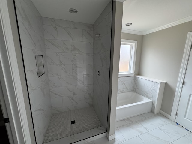 bathroom with plus walk in shower and ornamental molding