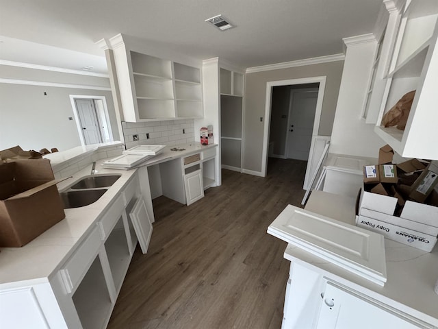 kitchen with backsplash, white cabinetry, sink, and dark wood-type flooring