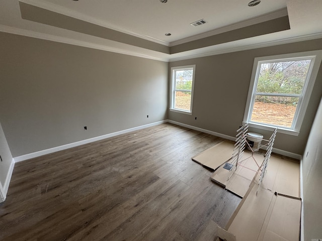 empty room featuring a raised ceiling, wood-type flooring, and crown molding