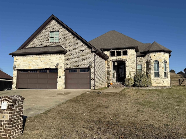 french country inspired facade featuring a front lawn