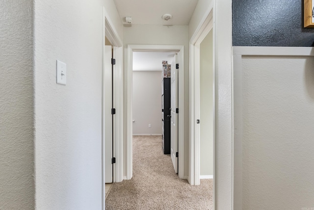 hallway with light colored carpet