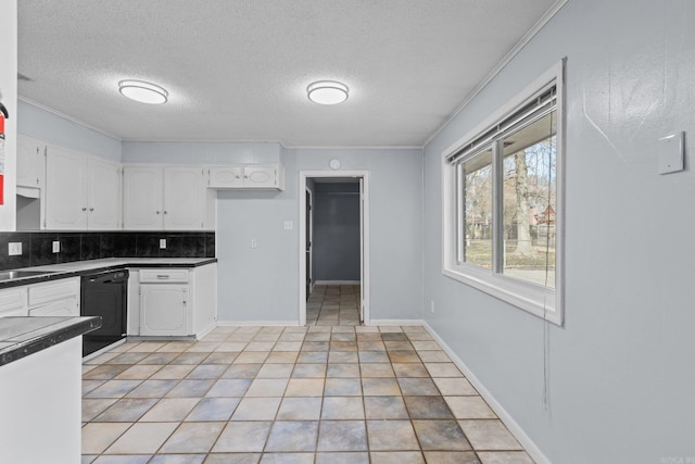 kitchen featuring dishwasher, backsplash, white cabinetry, and crown molding