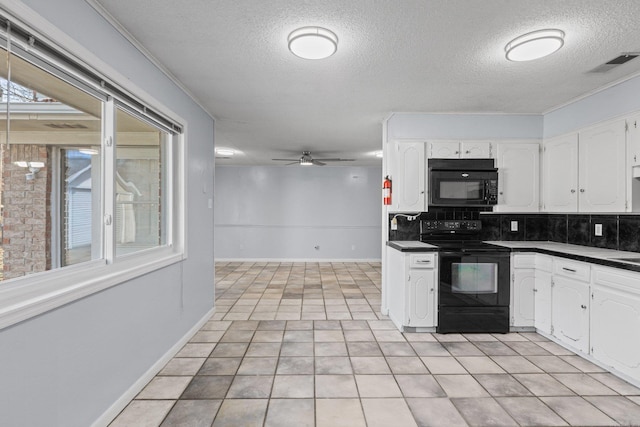 kitchen featuring white cabinetry, decorative backsplash, black appliances, and ornamental molding