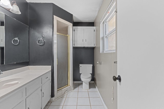 bathroom with tile patterned flooring, a textured ceiling, toilet, a shower with door, and vanity