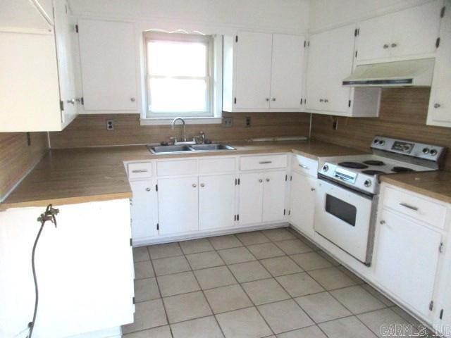 kitchen featuring decorative backsplash, white cabinetry, white electric range, and range hood