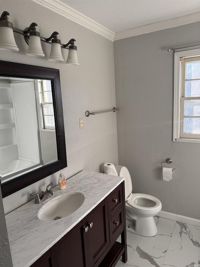 bathroom with crown molding, vanity, and toilet