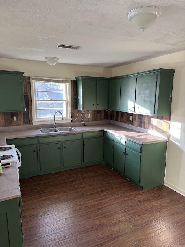 kitchen featuring dark hardwood / wood-style floors, green cabinets, and sink