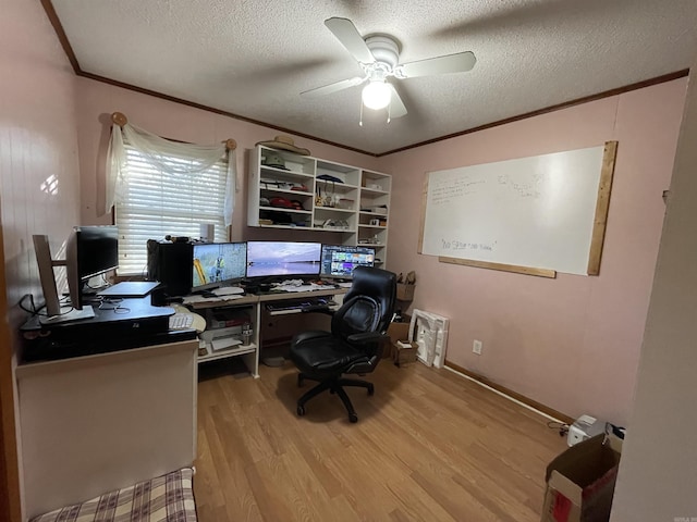 office featuring ceiling fan, light wood-type flooring, a textured ceiling, and ornamental molding