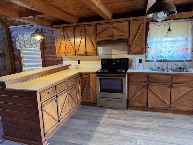 kitchen featuring beamed ceiling, light hardwood / wood-style floors, stainless steel electric stove, and sink