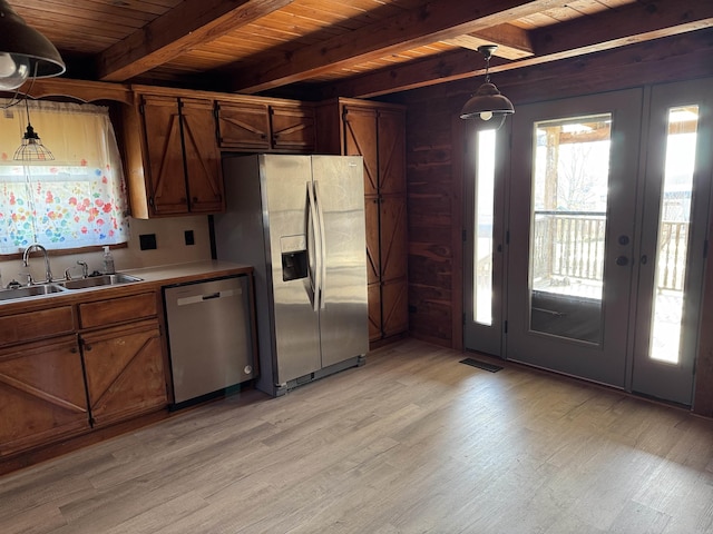 kitchen with sink, wood ceiling, and appliances with stainless steel finishes