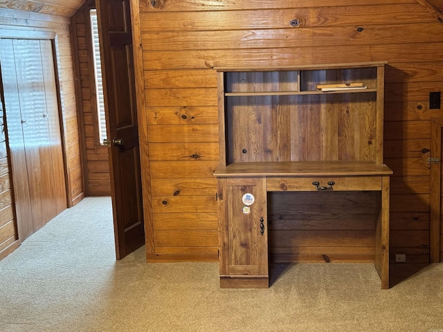 interior details with carpet flooring and wood walls