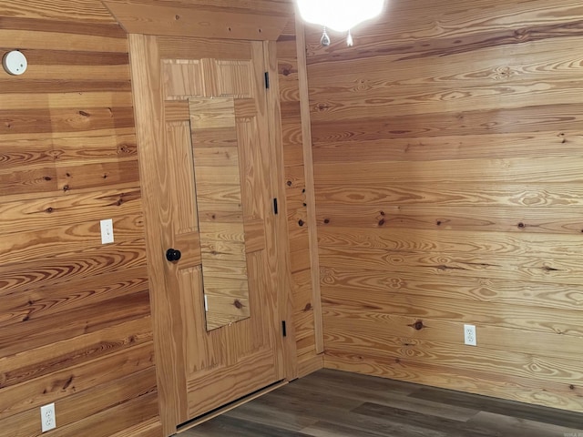 interior space featuring hardwood / wood-style floors and wood walls