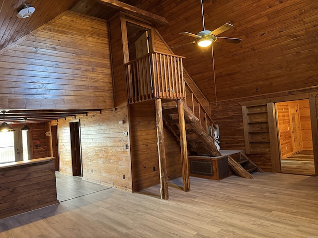 staircase with wood-type flooring, wooden ceiling, ceiling fan, and wooden walls