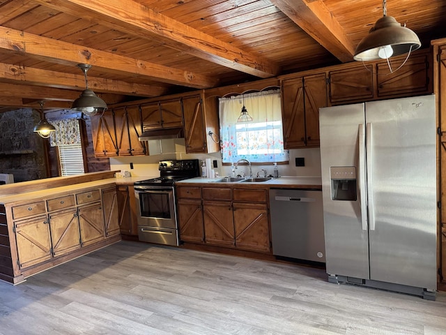 kitchen with decorative light fixtures, stainless steel appliances, light hardwood / wood-style floors, and sink