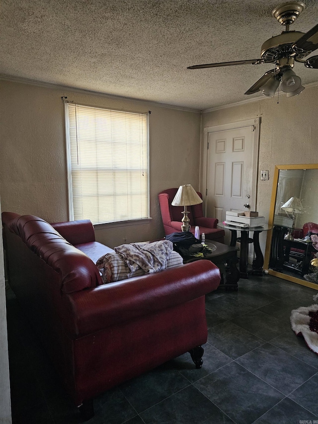 tiled living room with a textured ceiling and ceiling fan