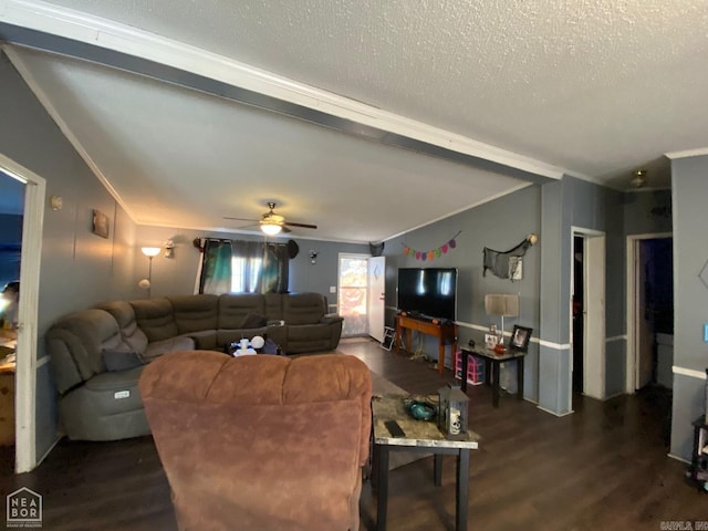 living room featuring ceiling fan, dark hardwood / wood-style flooring, crown molding, and lofted ceiling