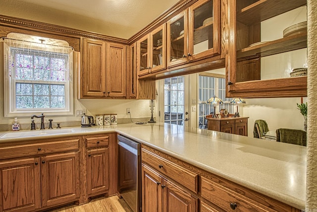 kitchen with a textured ceiling, dishwasher, light hardwood / wood-style floors, and sink