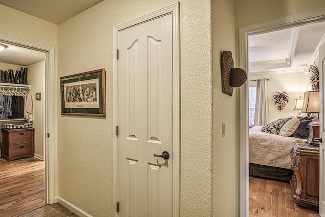 hallway featuring a textured ceiling, hardwood / wood-style flooring, and ornamental molding