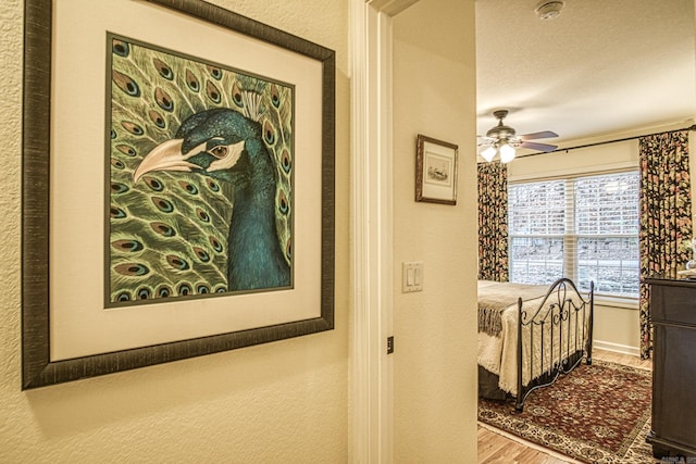 details featuring hardwood / wood-style floors, ceiling fan, and a textured ceiling