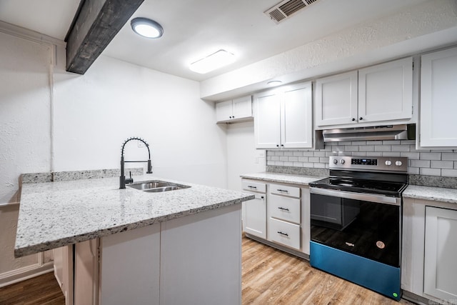 kitchen with stainless steel electric range oven, sink, white cabinets, and light hardwood / wood-style floors