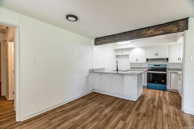 kitchen with kitchen peninsula, dark hardwood / wood-style flooring, tasteful backsplash, electric range, and white cabinets