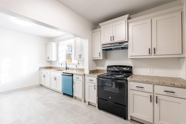 kitchen with white cabinetry, electric range, dishwasher, light stone countertops, and sink