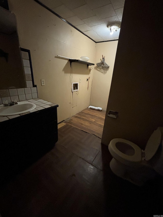 bathroom featuring vanity, toilet, and wood-type flooring