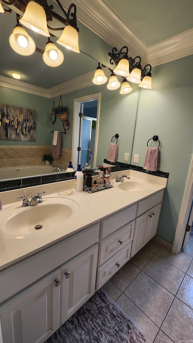 bathroom with crown molding, tile patterned flooring, vanity, and a shower with shower door