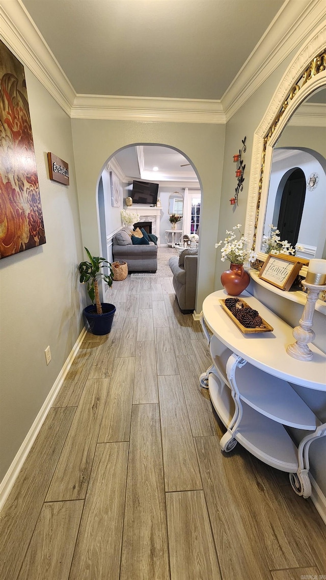 hallway featuring wood-type flooring and ornamental molding