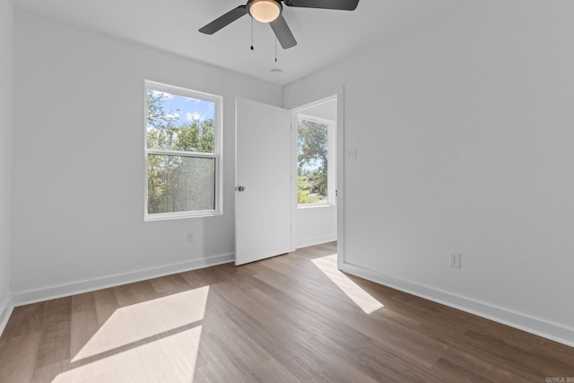 spare room featuring ceiling fan, plenty of natural light, and light wood-type flooring