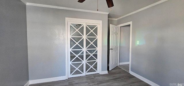 interior space featuring dark hardwood / wood-style flooring and ornamental molding