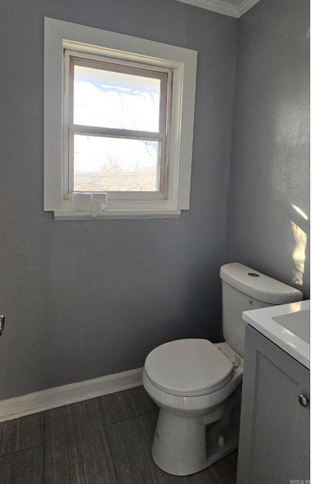 bathroom with hardwood / wood-style floors, vanity, and toilet