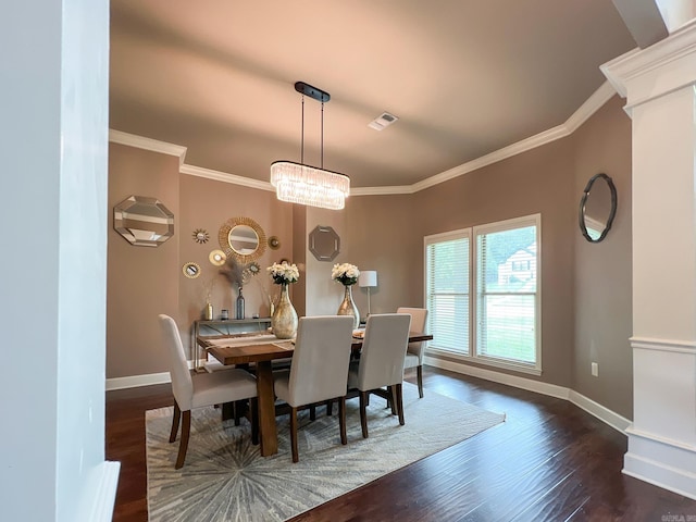 dining space featuring dark hardwood / wood-style flooring and ornamental molding