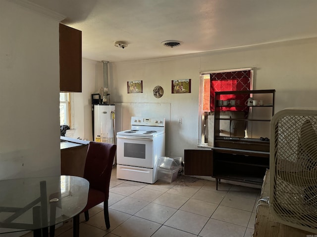 kitchen featuring electric stove, light tile patterned floors, gas water heater, and ornamental molding