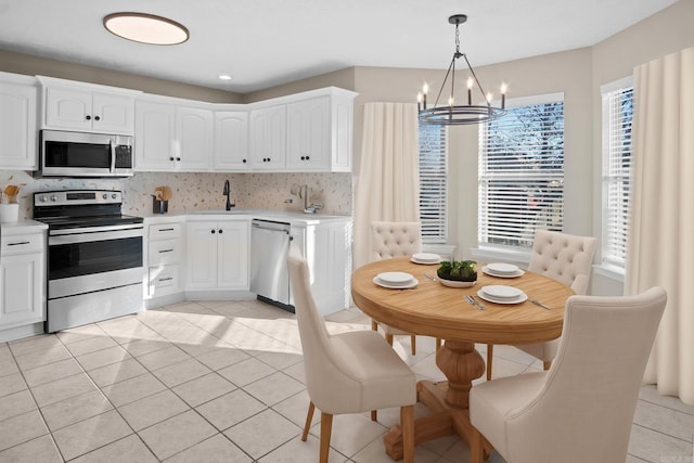 kitchen featuring pendant lighting, decorative backsplash, white cabinetry, and appliances with stainless steel finishes