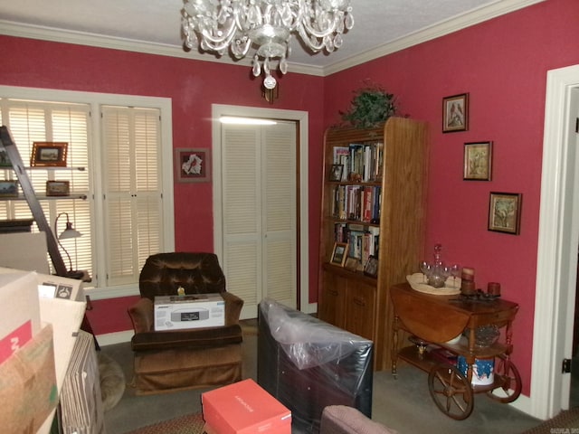 interior space with crown molding and a notable chandelier