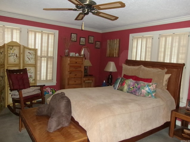 bedroom featuring crown molding, ceiling fan, and a textured ceiling